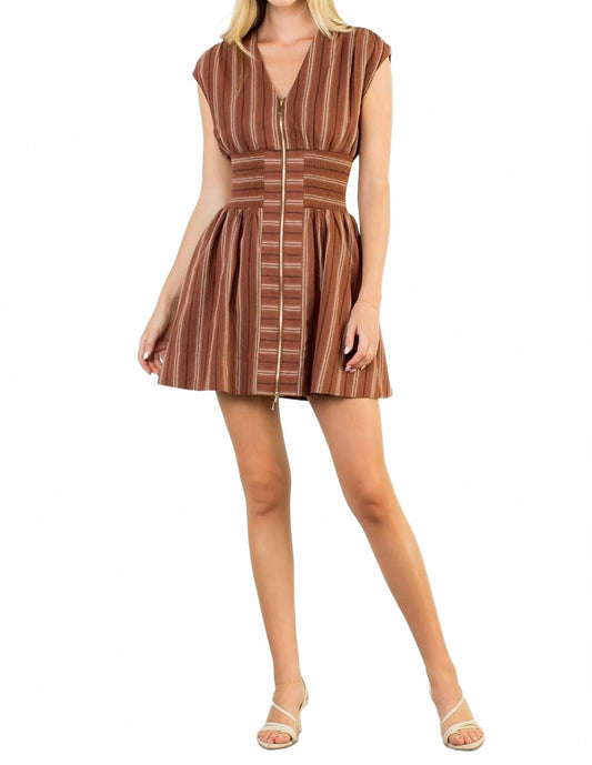 Short Sleeve Striped Pattern V-Neck Dress In Brown