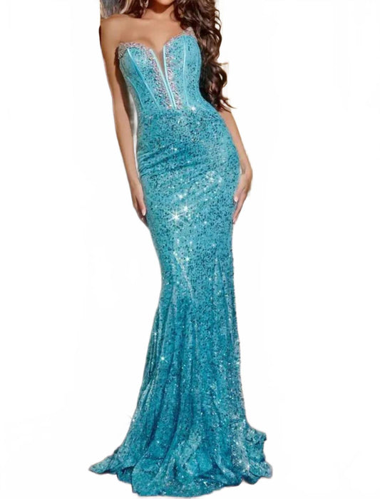 Sweetheart Sequin Gown With Corset Bodice In Blue