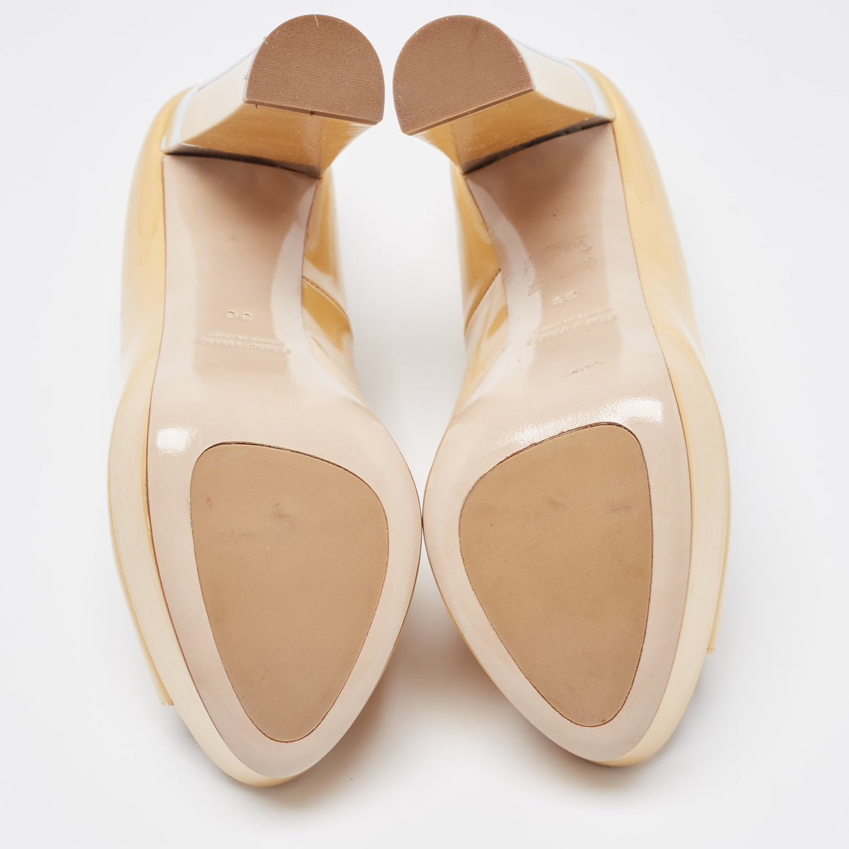 Miu Miu Beige Patent Leather Peep Toe Platform Pumps Size 36