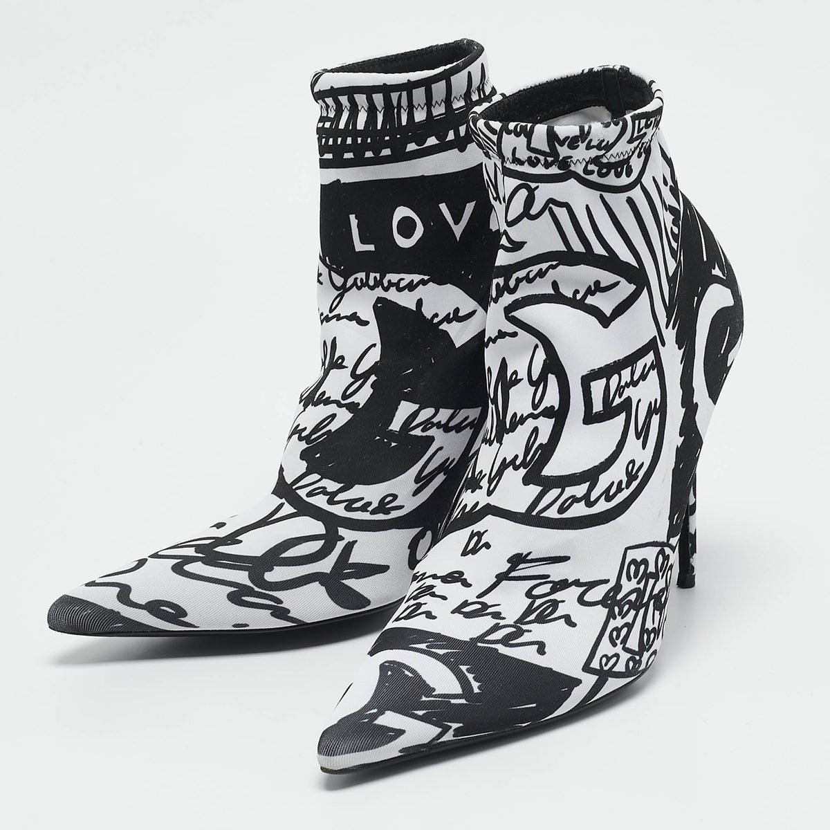 Dolce & Gabbana Black/White Stretch Knit Graffiti Sock Ankle Length Boots Size 39