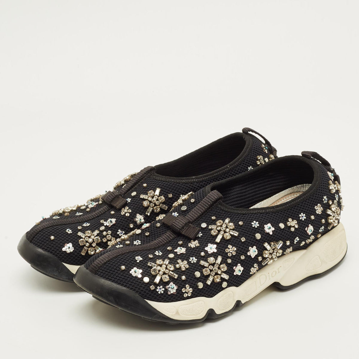 Dior Fusion Size 37 Black Mesh Crystal Embellished Low Top Sneakers
