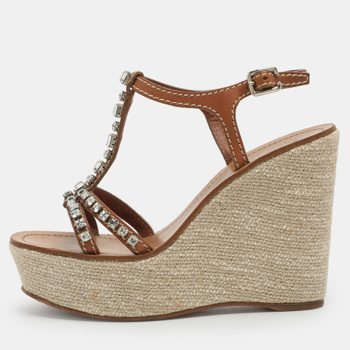 Prada Brown Leather Crystal Embellished T Strap Wedge Slingback Sandals Size 38