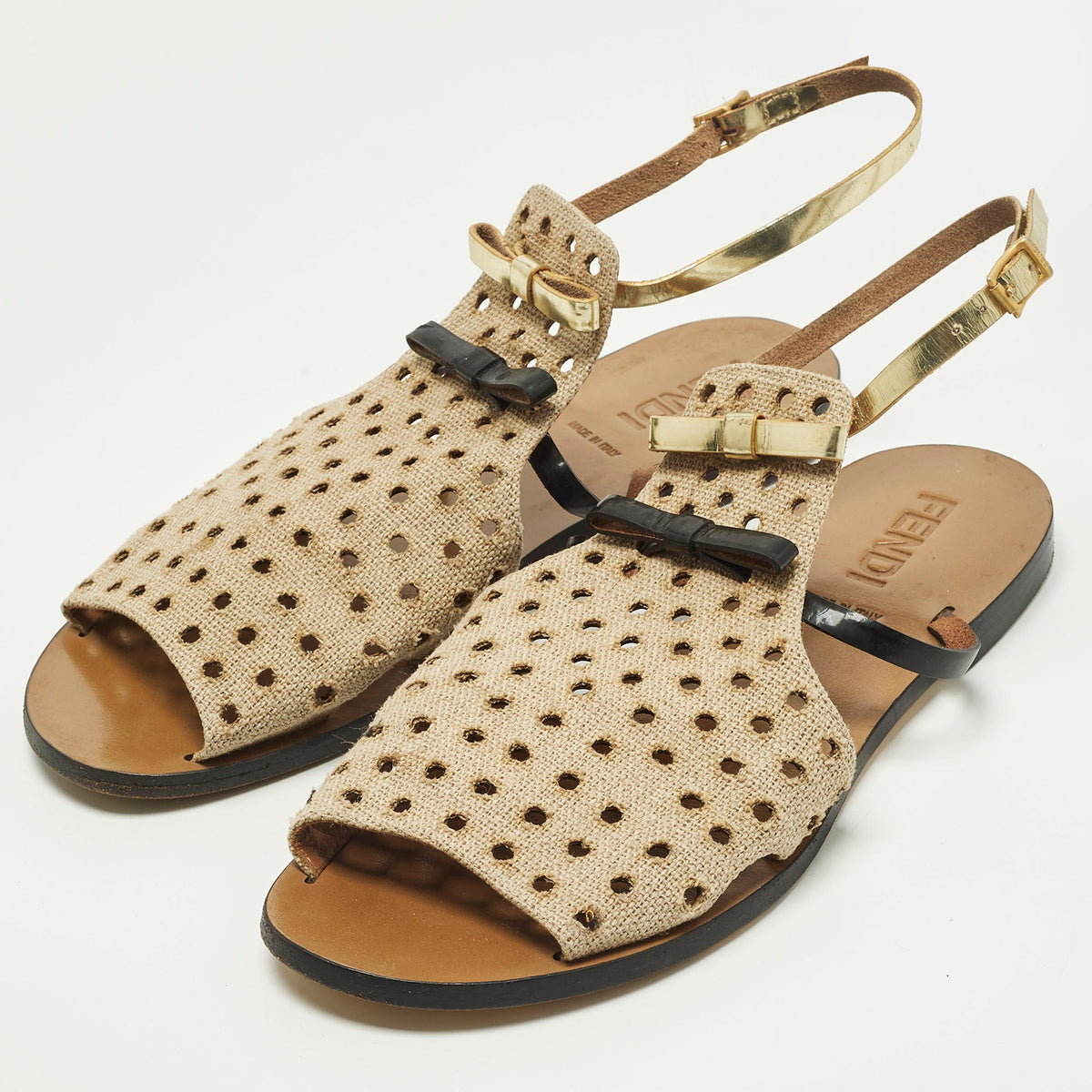 Fendi Size 40 Tricolor Perforated Jute and Patent Leather Double Bow Flat Sandals