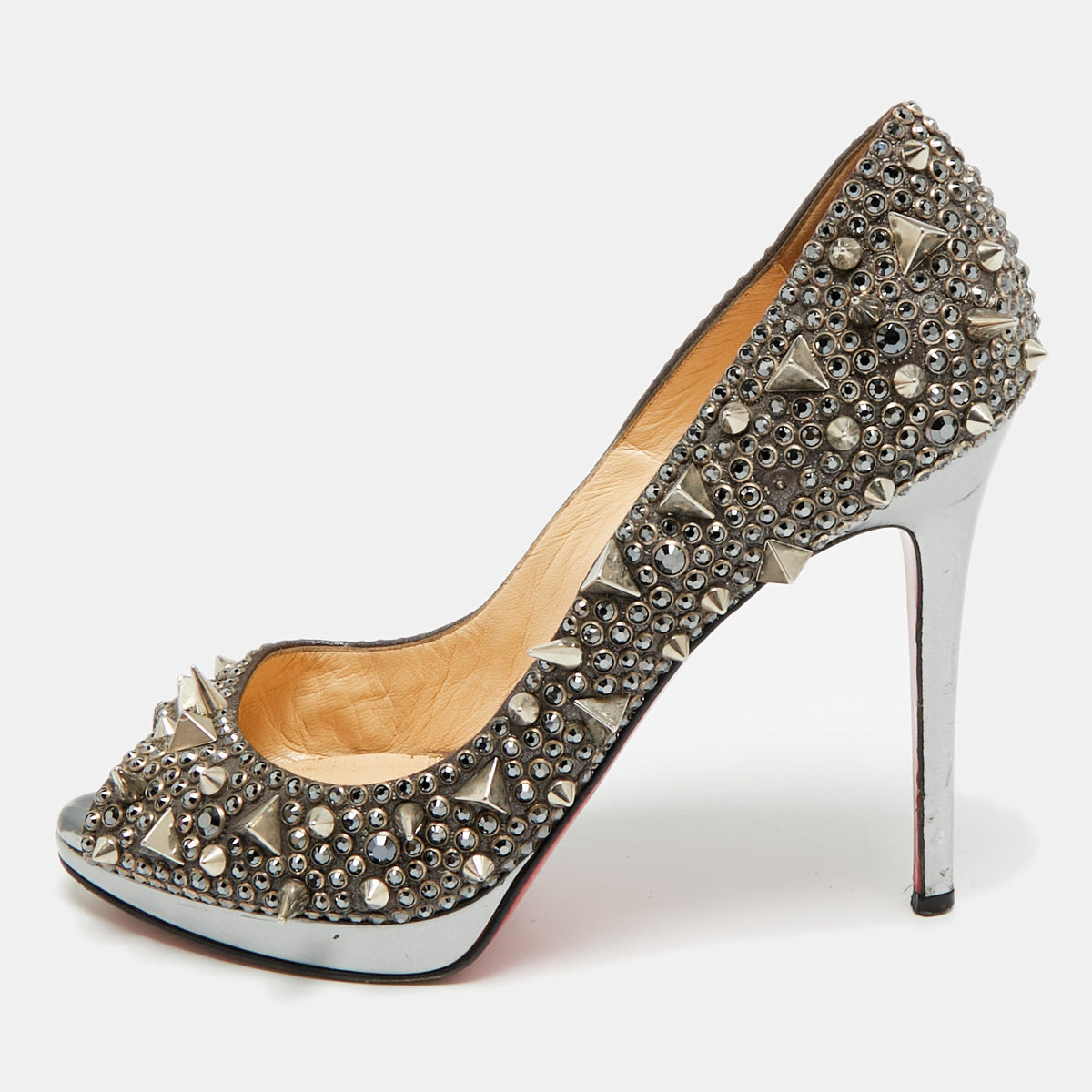 Christian Louboutin Size 38.5 Silver Glitter Peep Toe Pumps