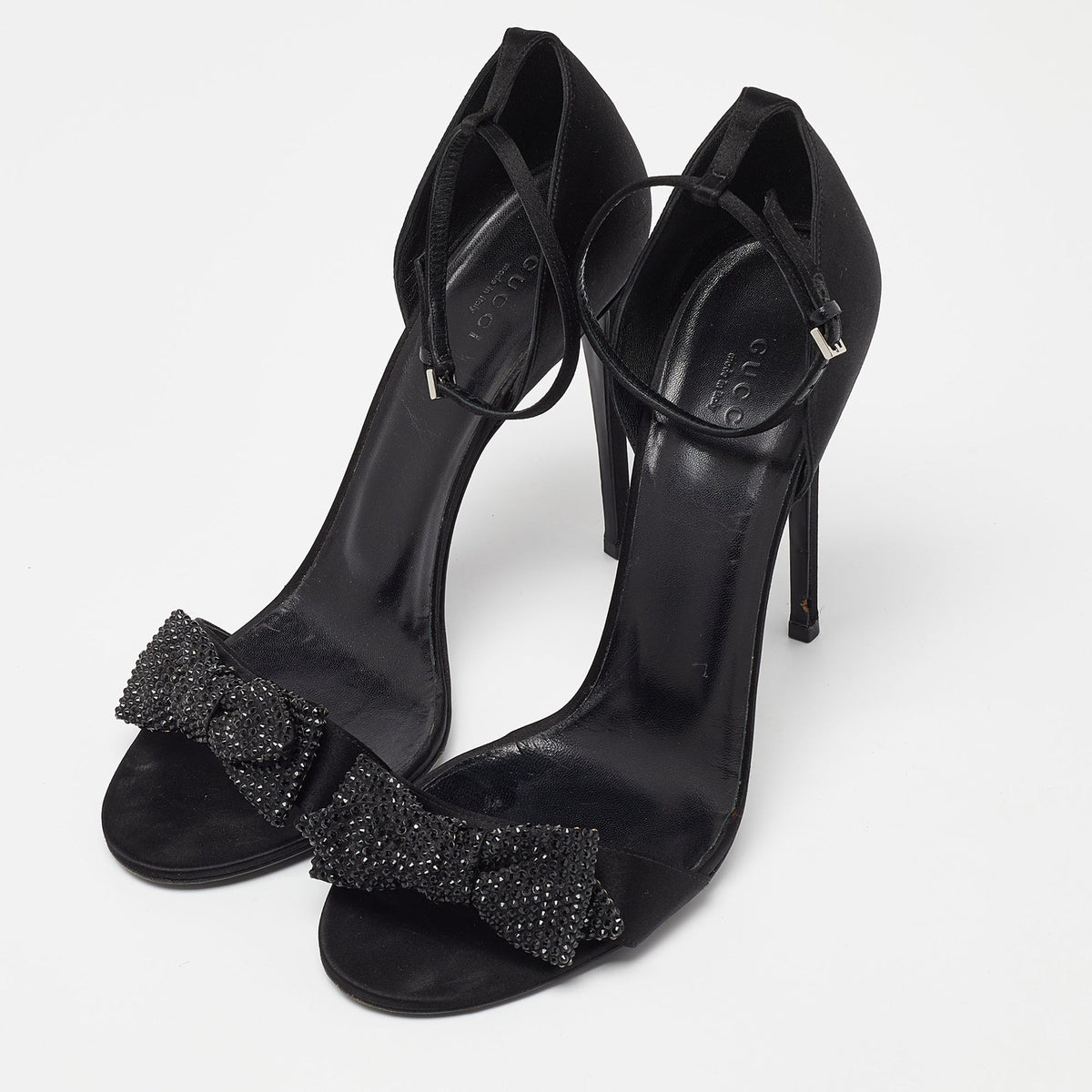 Gucci Black Satin Crystal Embellished Bow Open Toe Ankle Strap Sandals Size 41