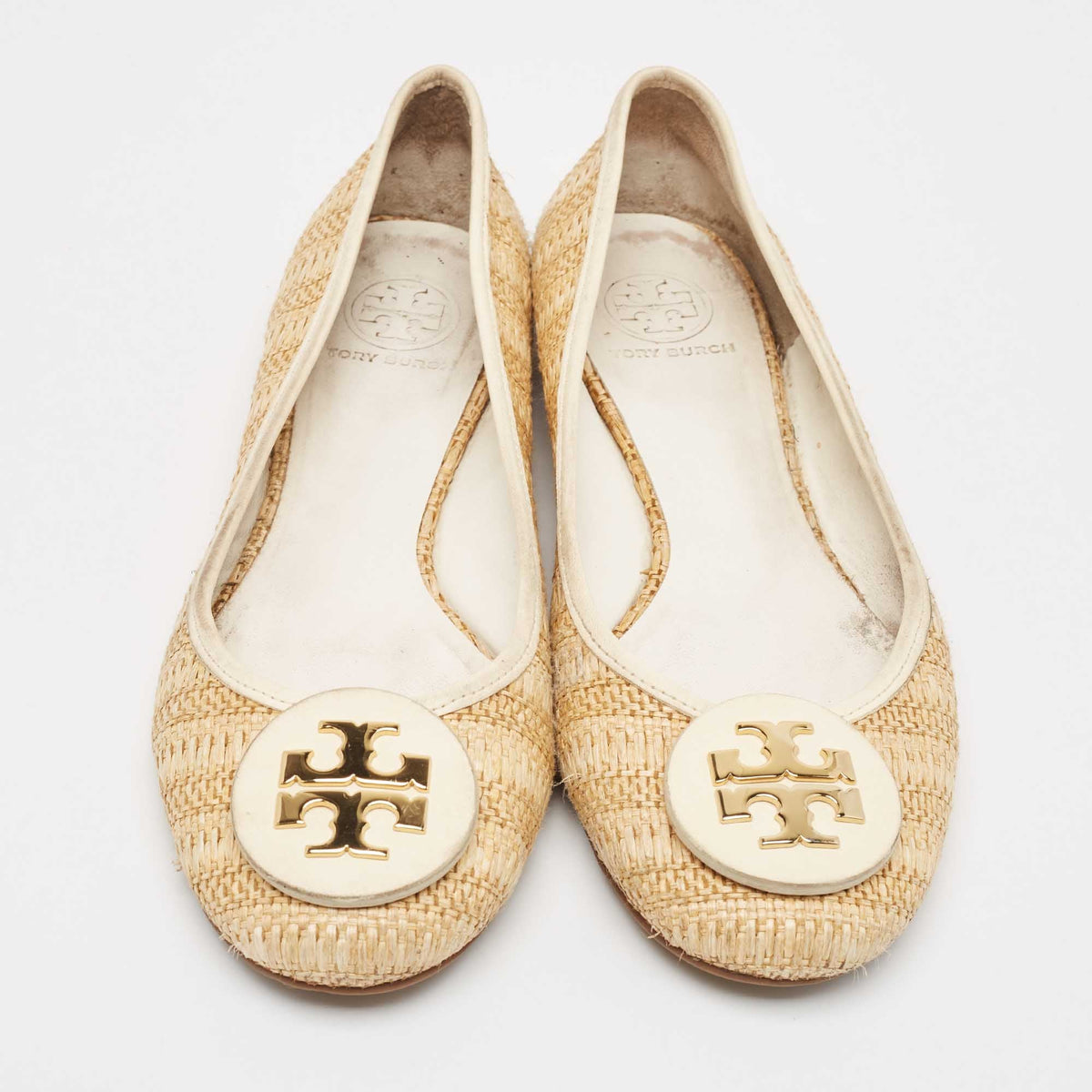 Tory Burch Beige/Cream Raffia and Leather Reva Ballet Flats Size 40.5