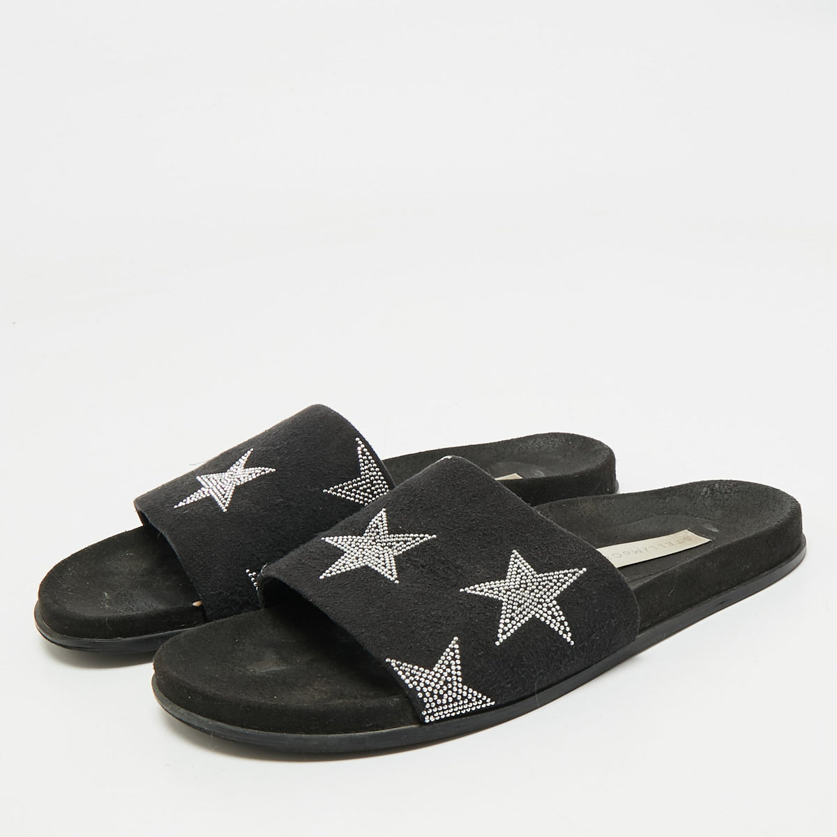 Stella McCartney Black Faux Suede Star Embellished Flat Slides Size 37