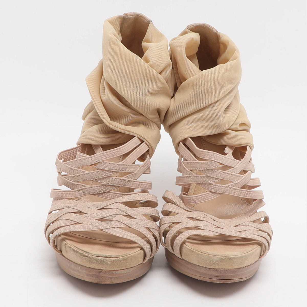 Fendi Strappy Size 35.5 Beige Elastane  Mesh and Suede Sandals