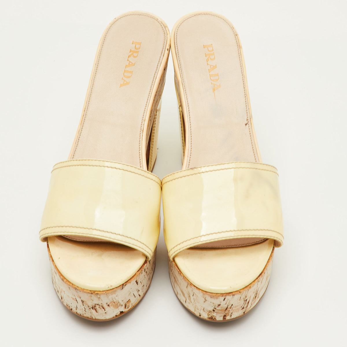Prada Size 41 Cream Patent Leather Cork Platform Block Heel Sandals