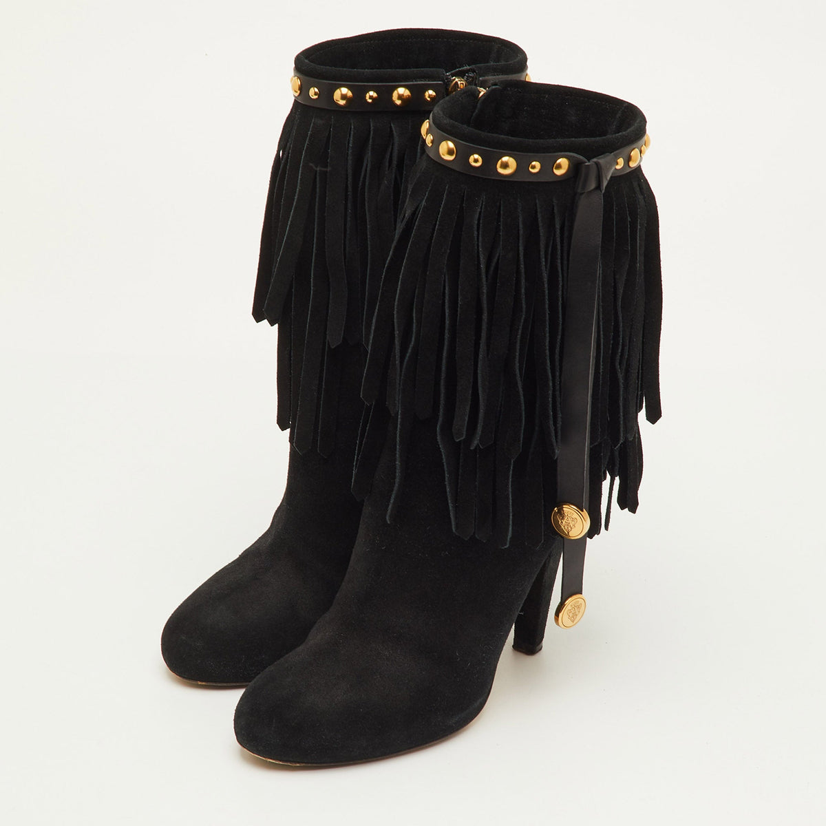 Gucci Size 37 Black Suede Studded Fringe Mid Calf Boots