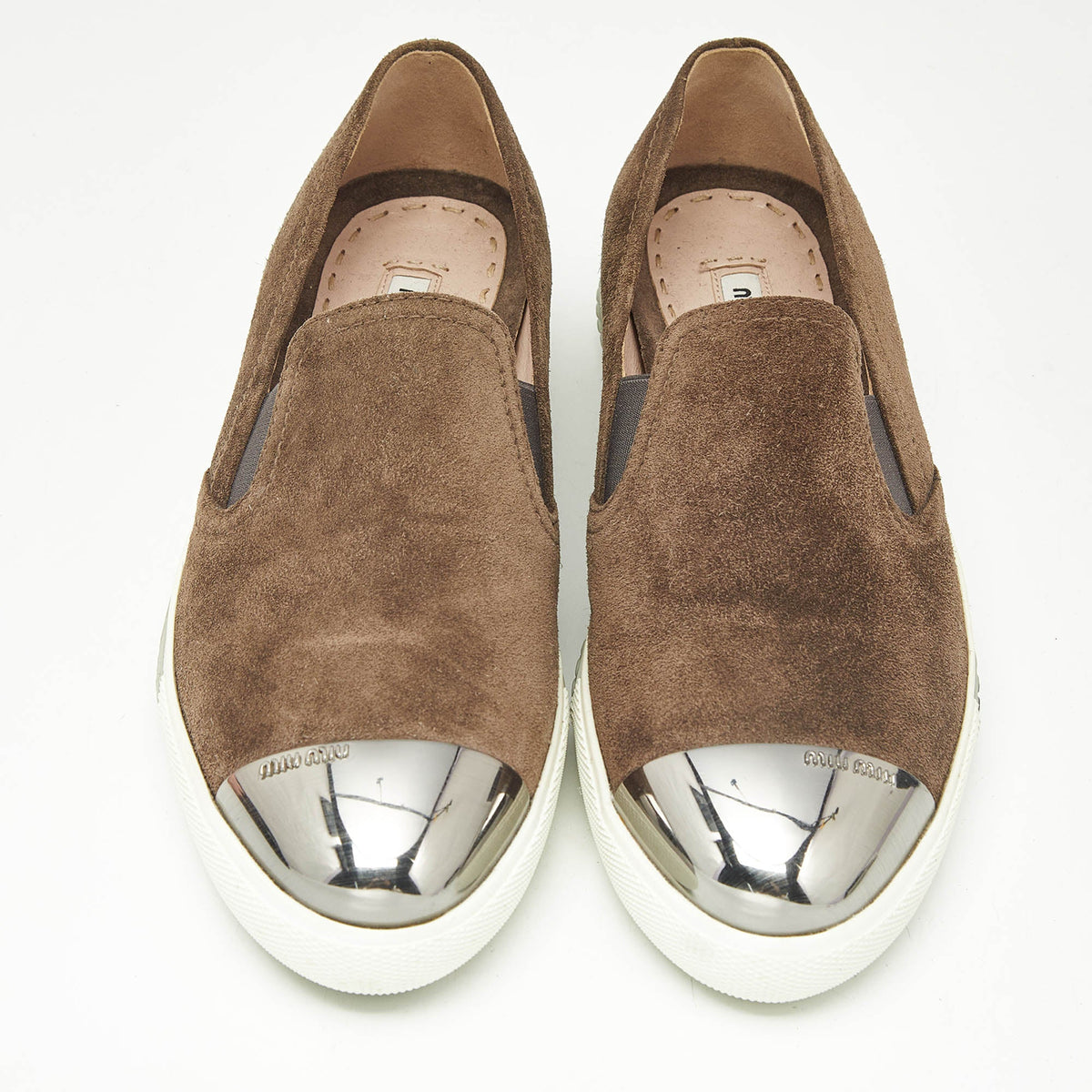 Miu Miu Brown Suede Metal Cap Toe Slip On Sneakers Size 37
