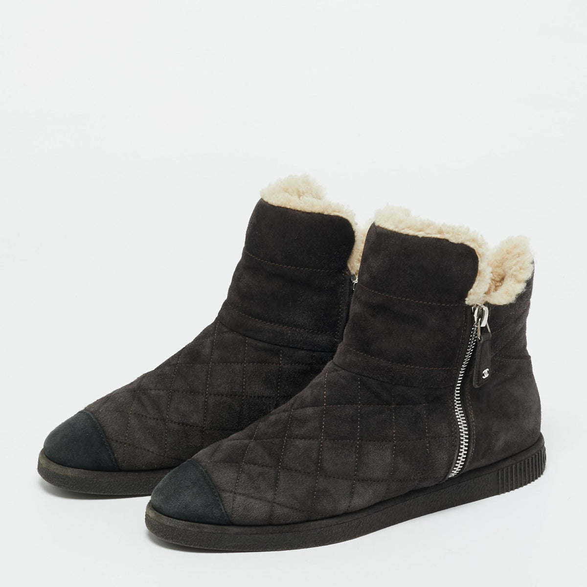 Chanel CC Size 37.5 Black Shearling and Suede Ankle Length Boots