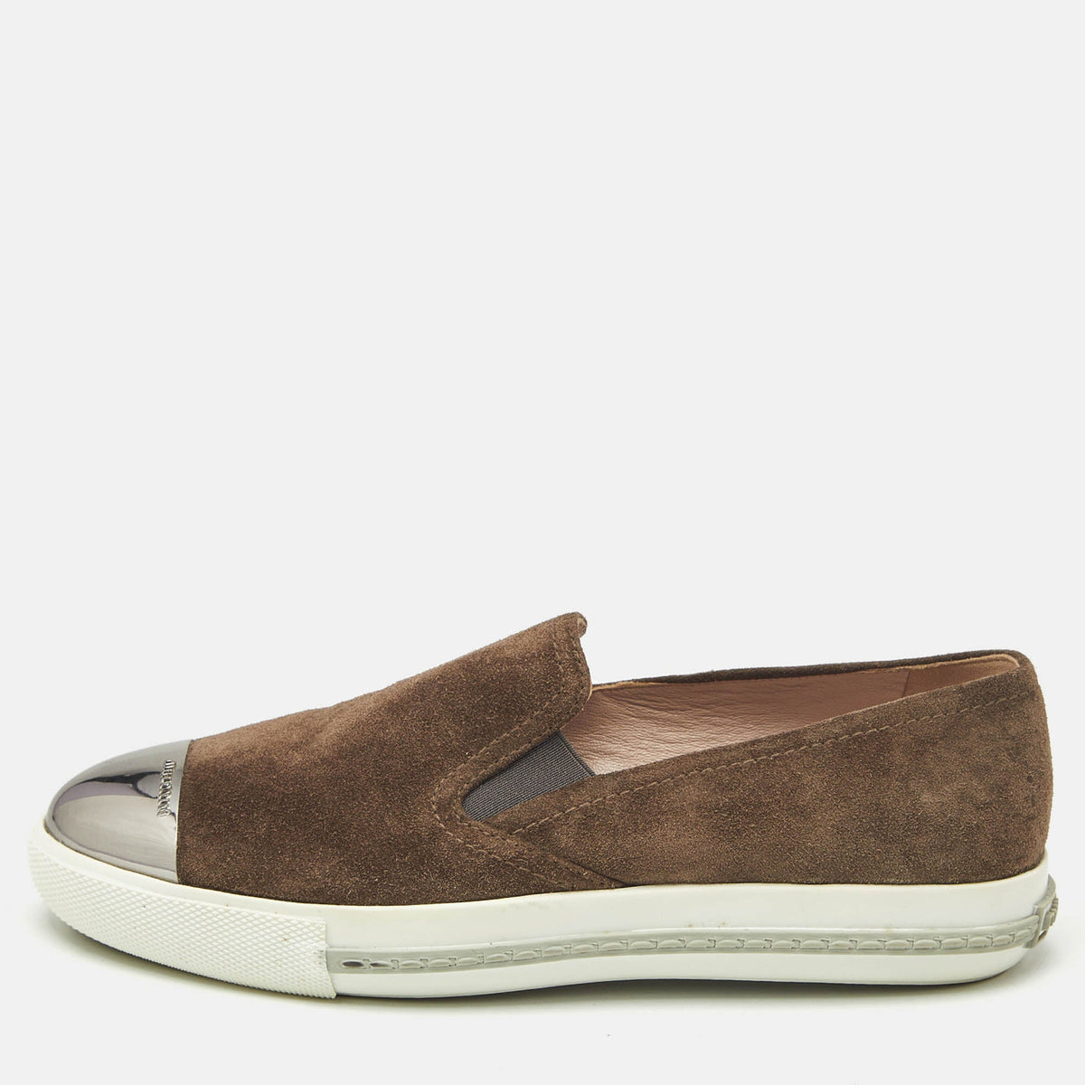 Miu Miu Brown Suede Metal Cap Toe Slip On Sneakers Size 37