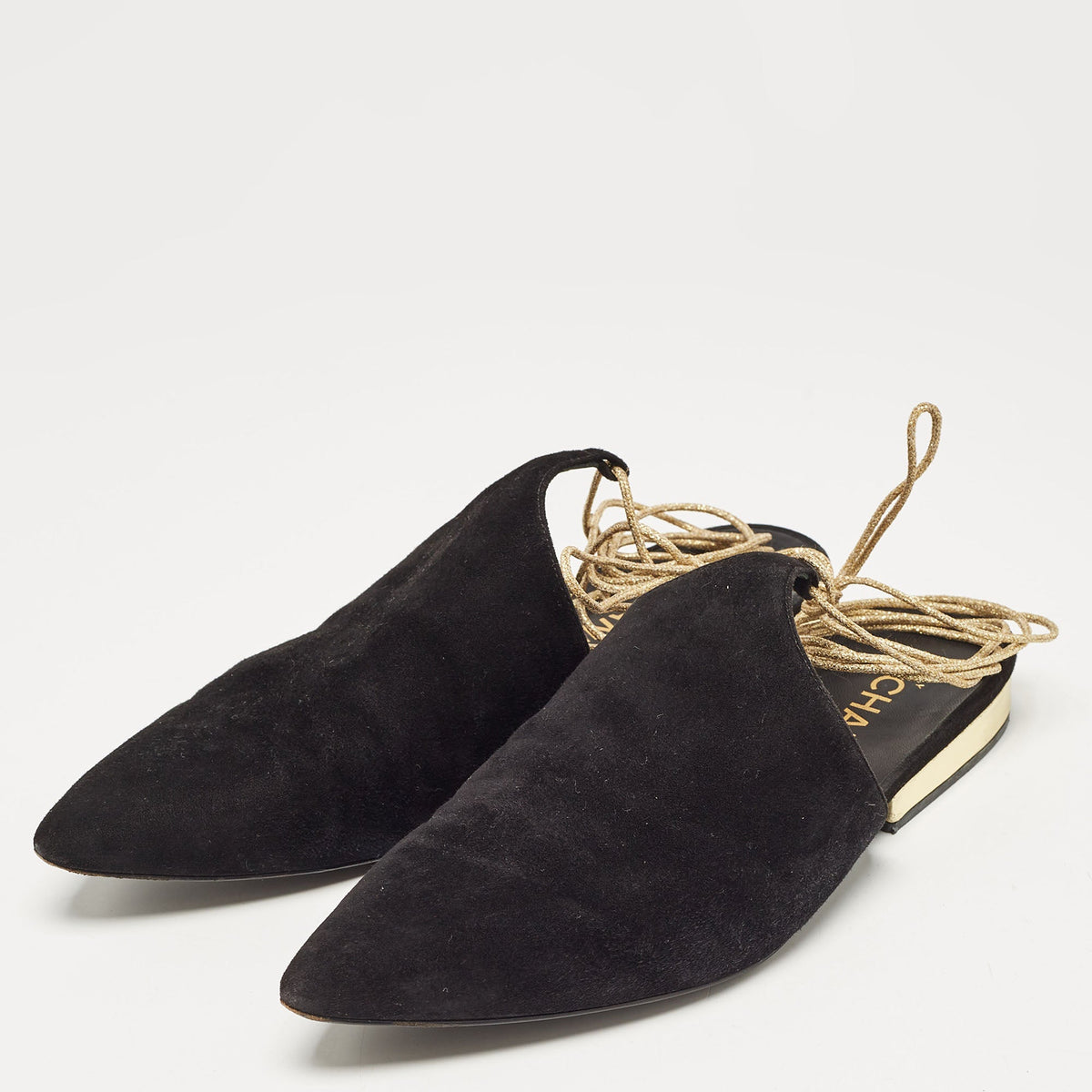 Chanel Black Suede Ankle Wrap Flat Mules Size 39