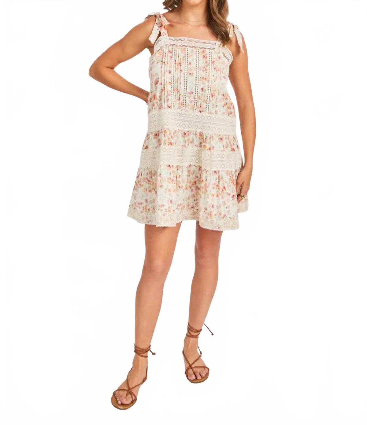 Rosita Lace Trim Mini Dress In Cream Multi