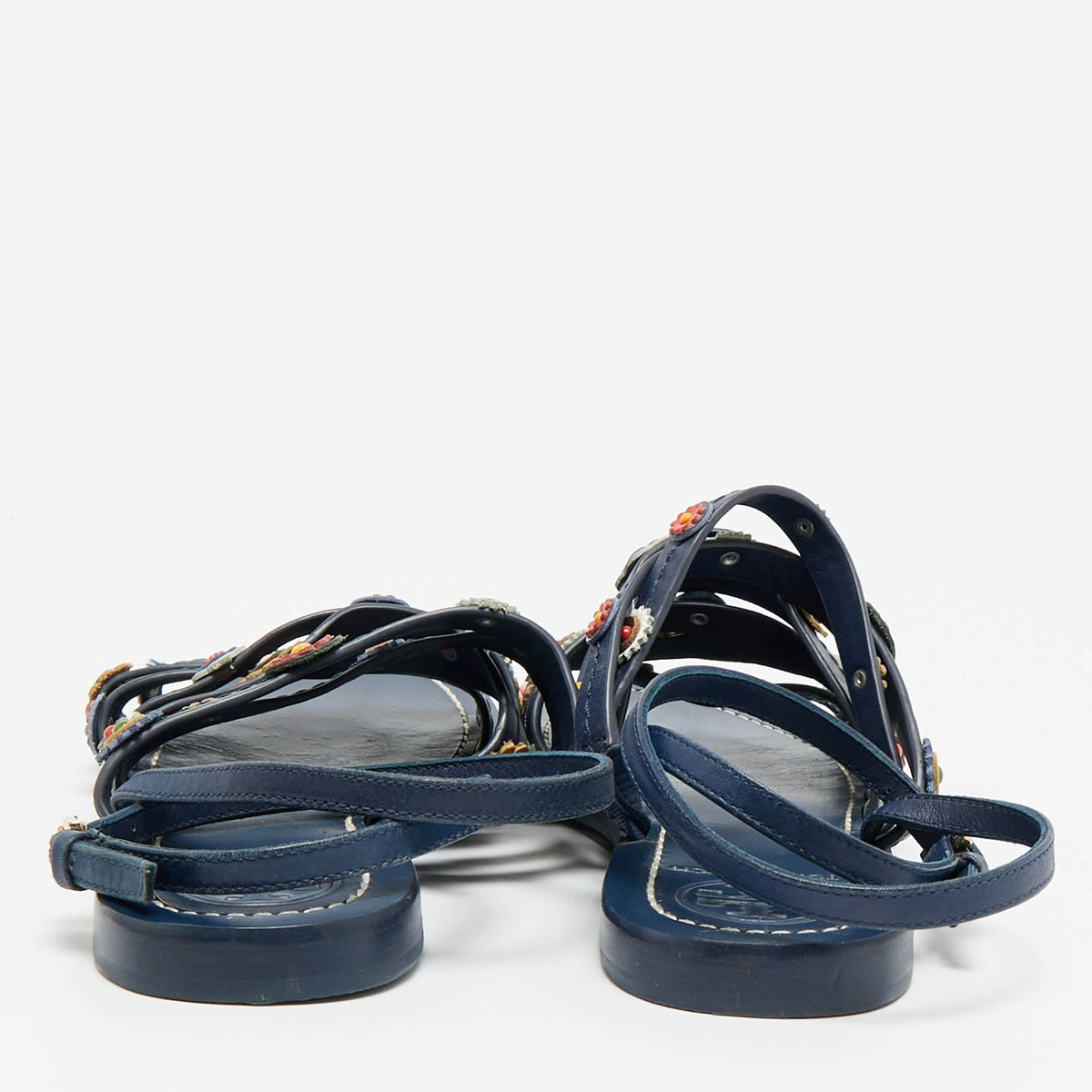 Tory Burch Size 37.5 Blue Leather  Floral Appliqu&eacute;d Ankle Wrap Flat Sandals