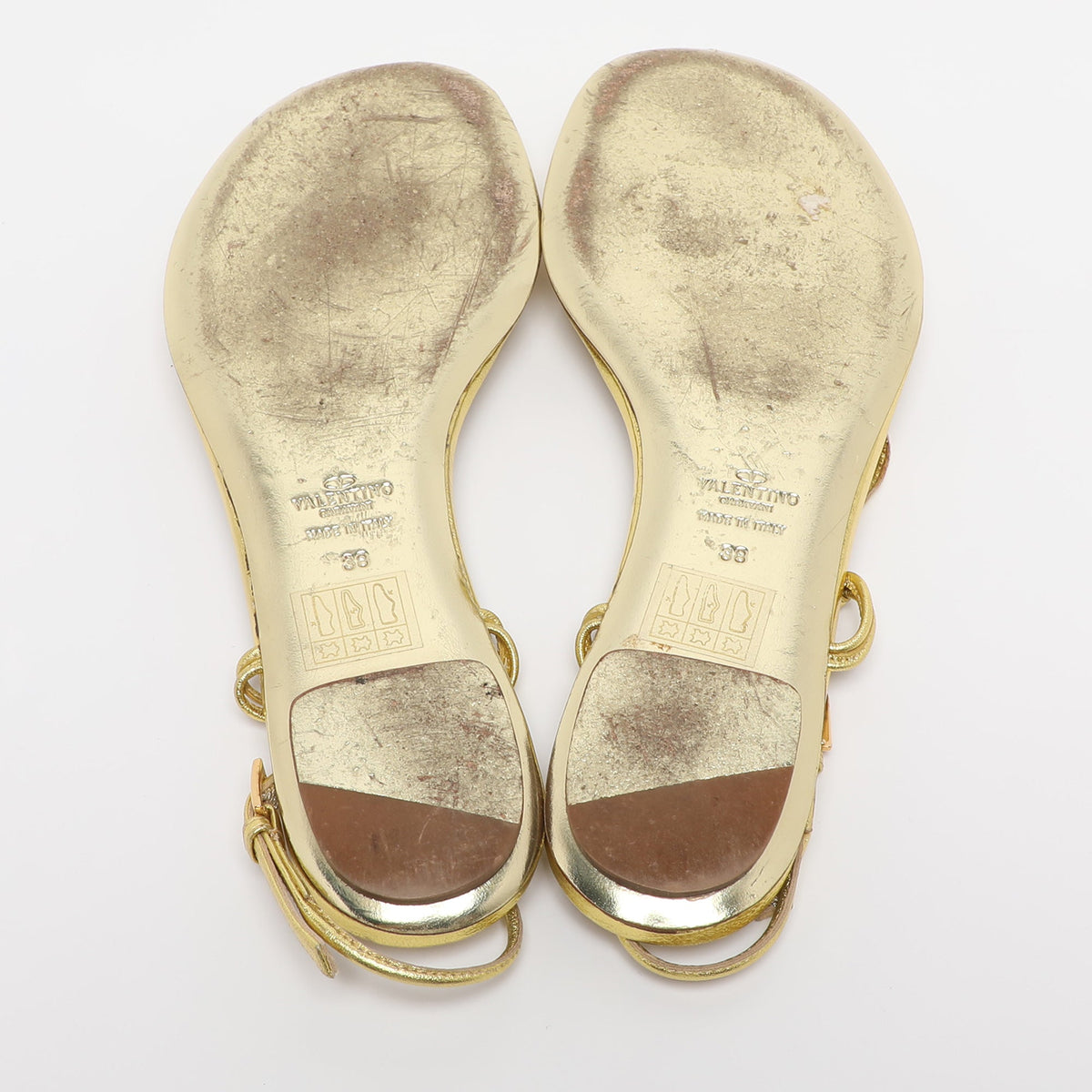 Valentino Metallic Gold Leather Embellished Flat Sandals Size 38
