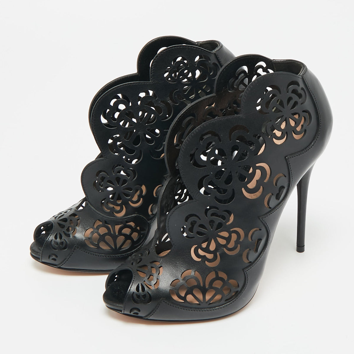 Alexander McQueen Black Floral Laser Cut Leather Peep Toe Booties Size 35