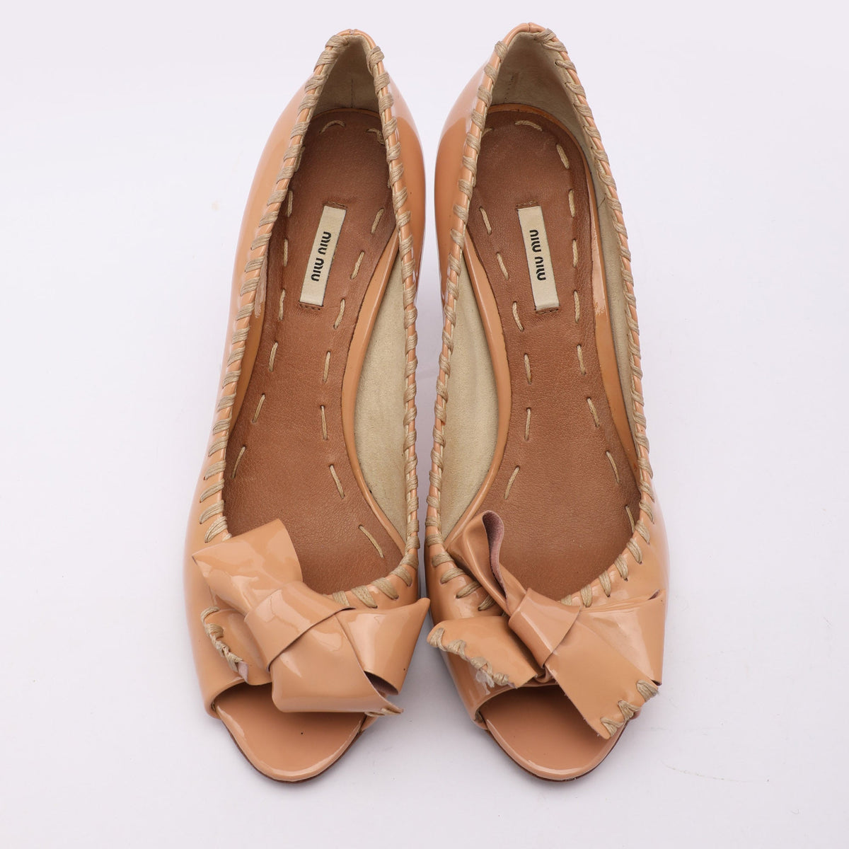 Miu Miu Beige Patent Leather Bow Peep Toe Pumps Size 35.5
