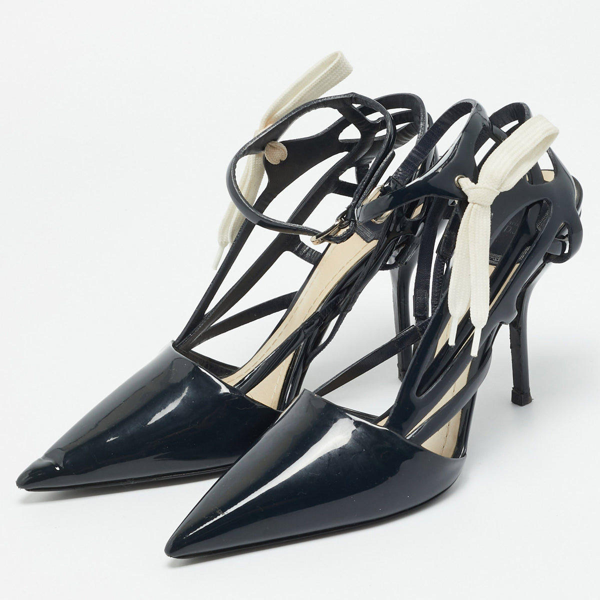 Dior Size 39.5 Midnight Blue Patent Leather Cut-Out Ankle-Strap Pumps