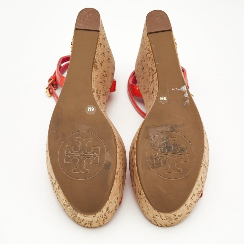 Tory Burch Pink Patent Leather Dahlia Cork Wedge Sandals Size 36