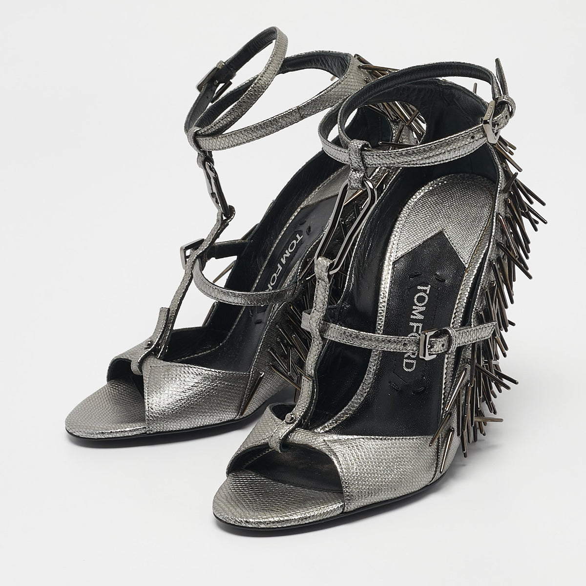 Tom Ford Metallic Grey Leather Embellished  Wedge Sandals Size 37