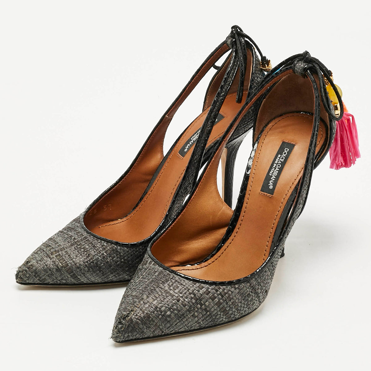 Dolce & Gabbana Black Raffia Pom Pom Detail Tie Up Pumps Size 37