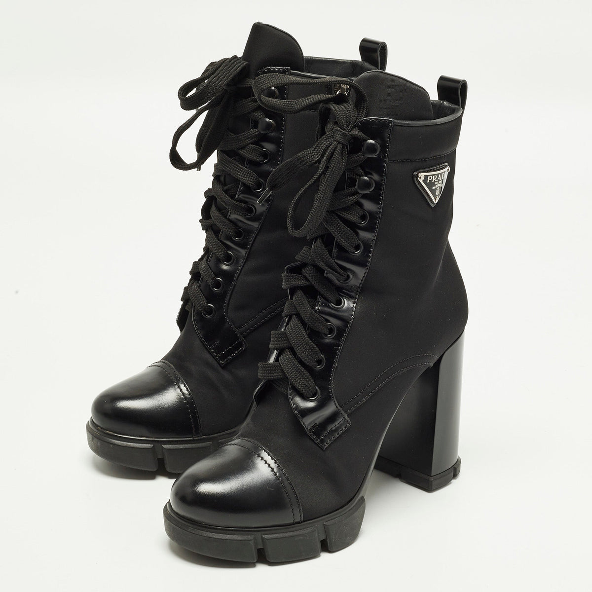 Prada Monolith Size 38 Black Leather Nylon Ankle Length Boots