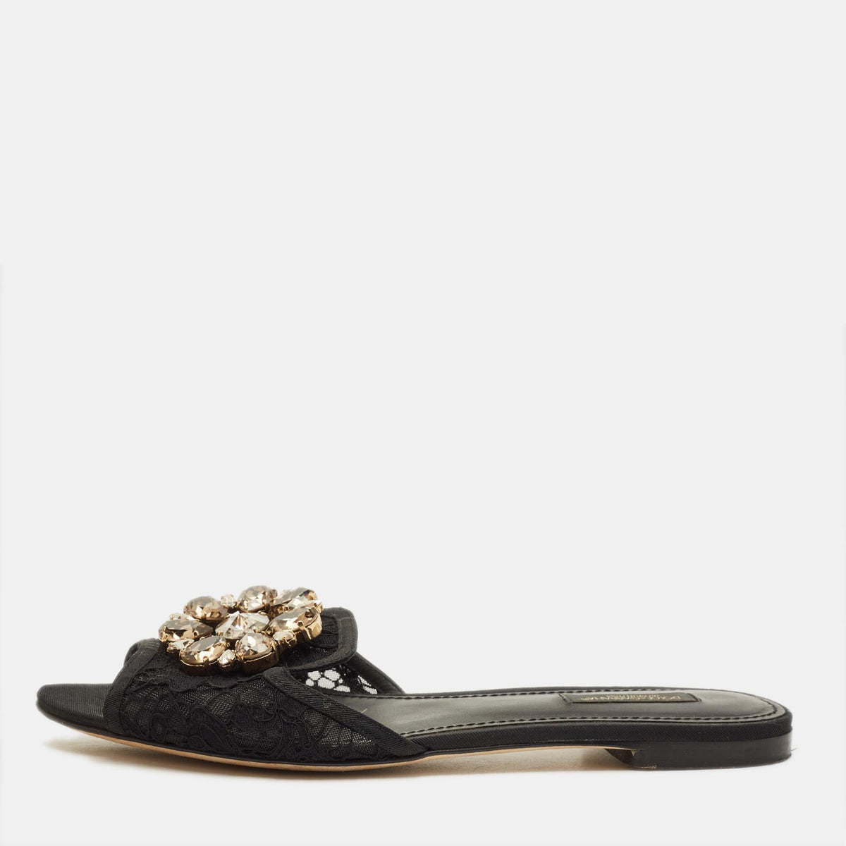 Dolce & Gabbana Sofia Size 38.5 Black Lace Crystal Embellished Flat Slide Sandals