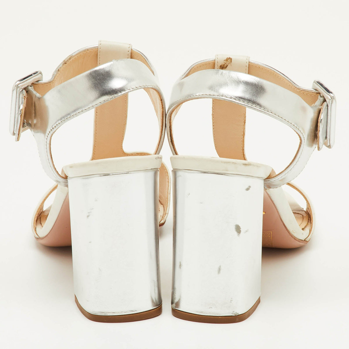 Prada Size 37 White/Silver Leather Block Heel T-Strap Sandals