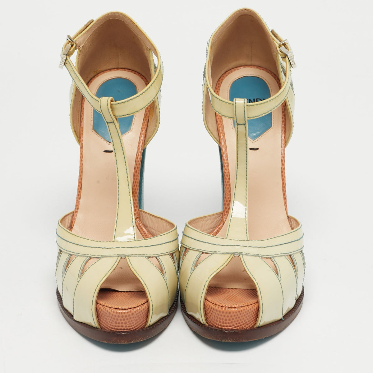 Fendi Beige/Blue Patent Leather Cut Out T-Strap Platform Sandals Size 37