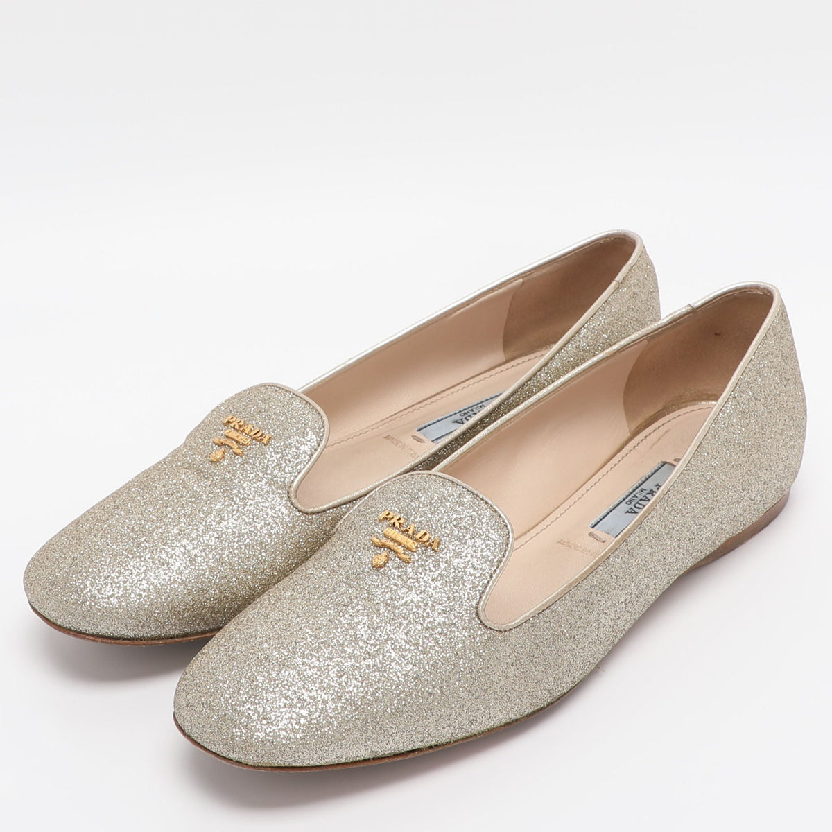 Prada Size 37.5 Gold Glitter Smoking Slippers