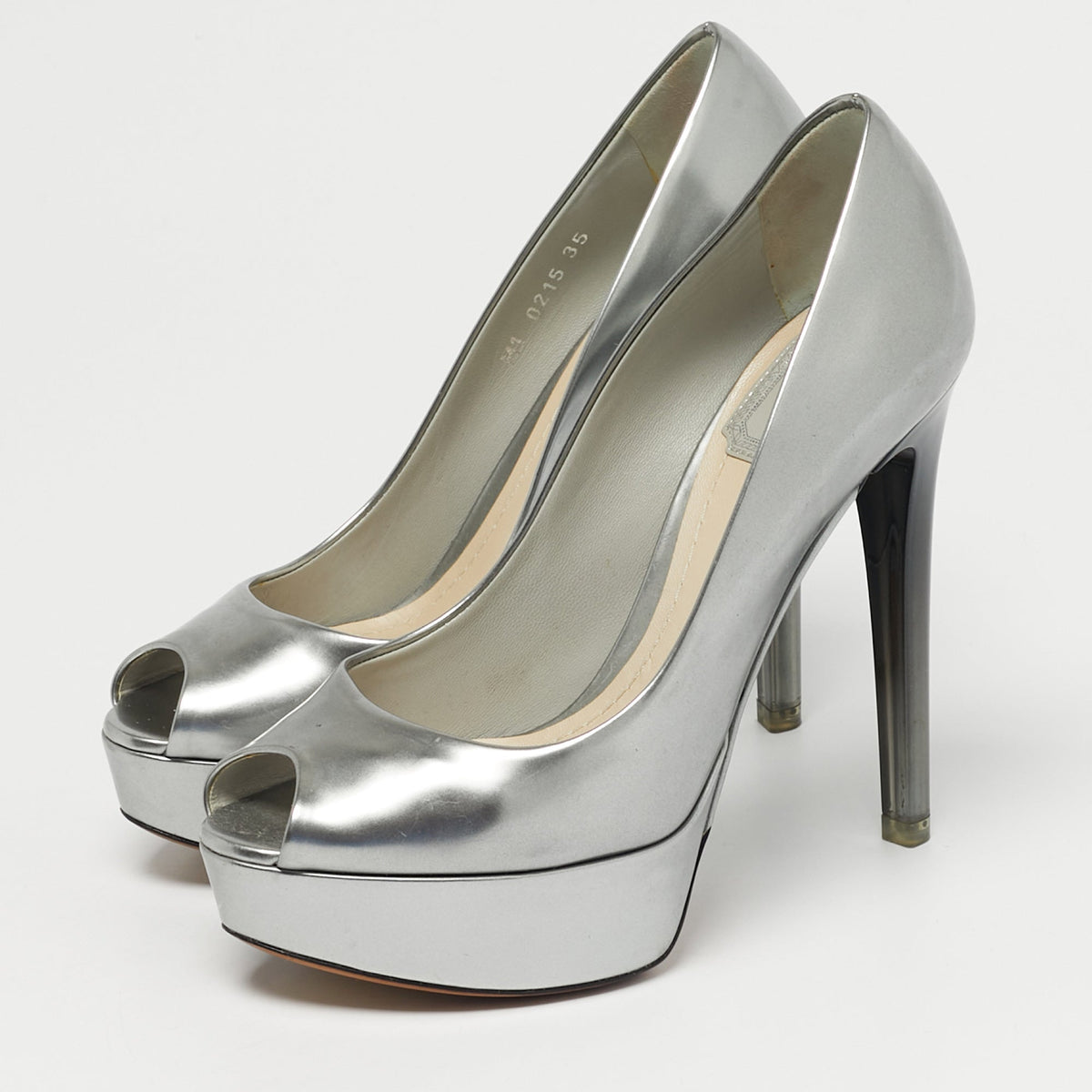 Dior Silver Patent Leather Miss Dior Peep Toe Pumps Size 35