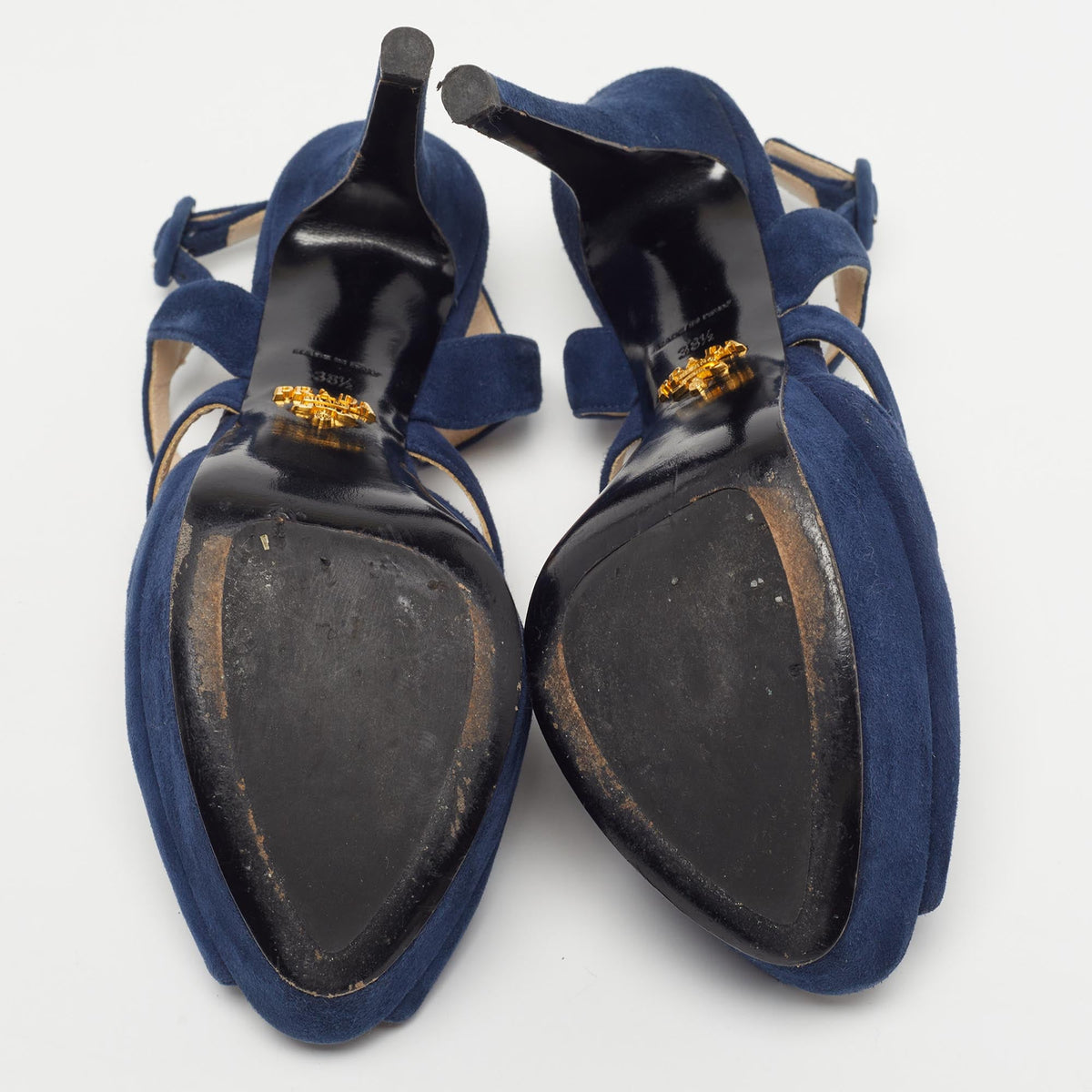 Prada Size 38.5 Navy Blue Suede Platform Ankle Strap Sandals