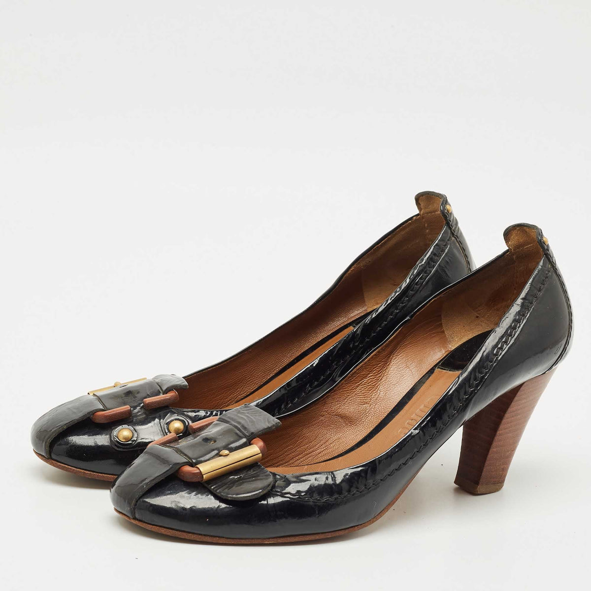Chloe Black Patent Leather Buckle Detail Block Heel Pumps Size 41