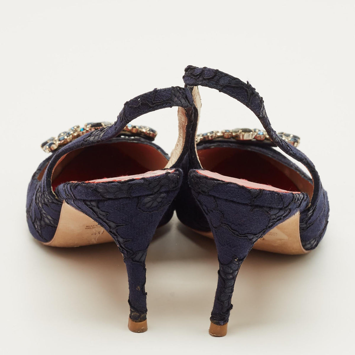 CH Carolina Herrera Size 40 Navy Blue Lace and Mesh Crystal Embellished Buckle Slingback Pumps