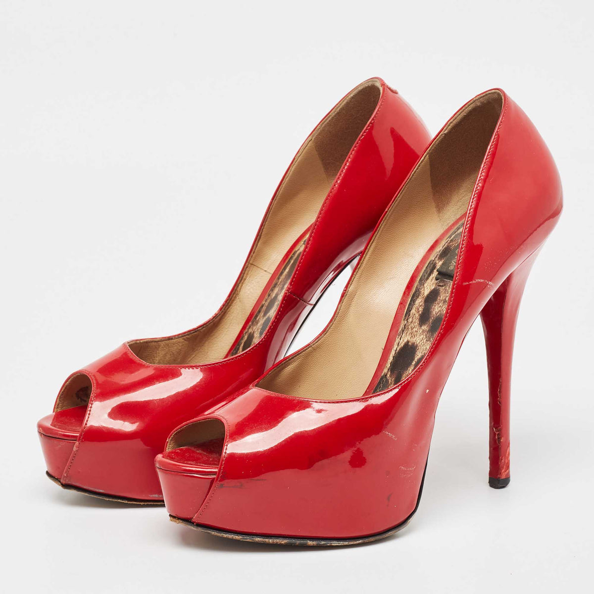 Dolce & Gabbana Red Patent Leather Peep Toe Platform Pumps Size 40