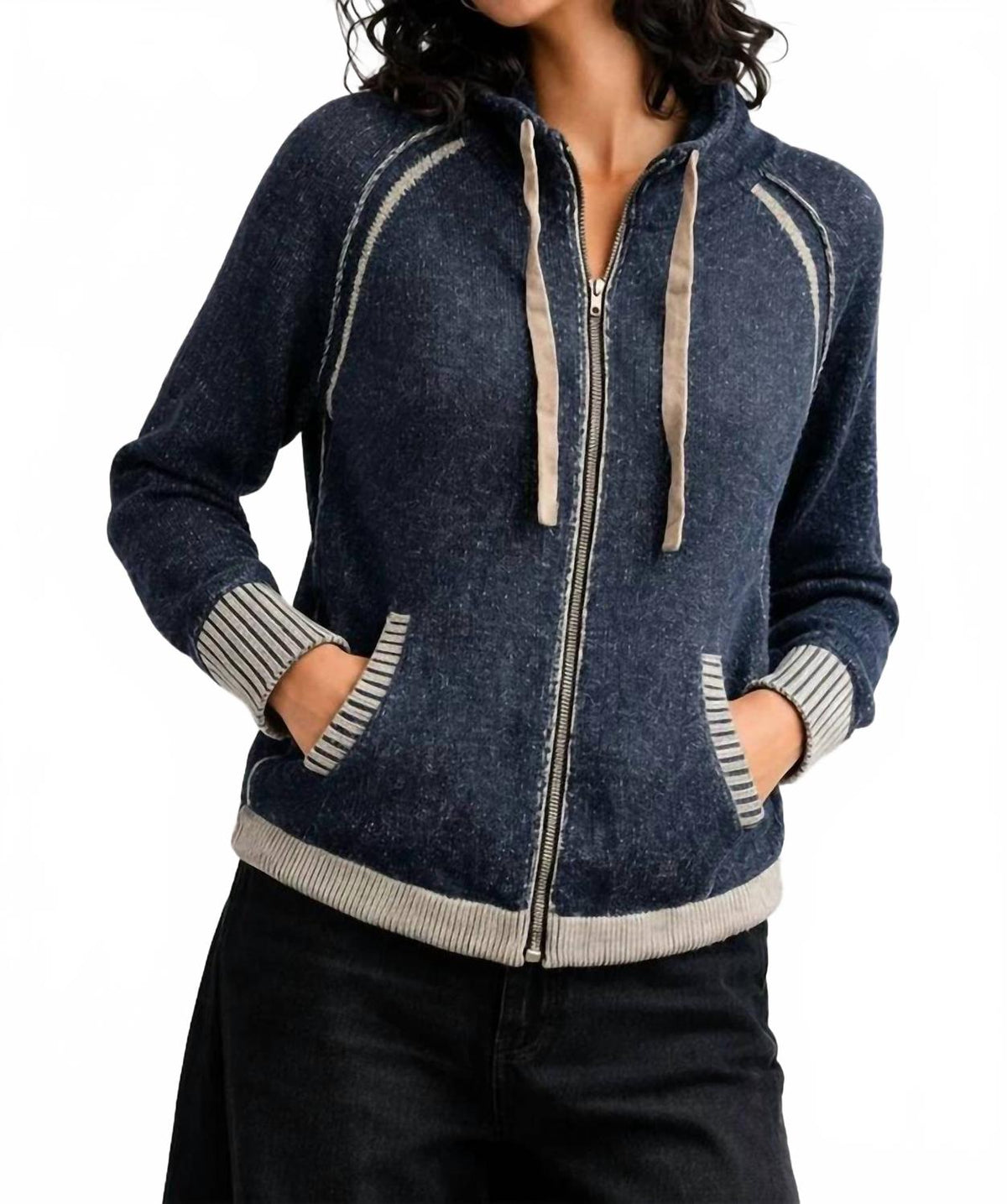 Two Tone Zip Up Cardigan In Denim
