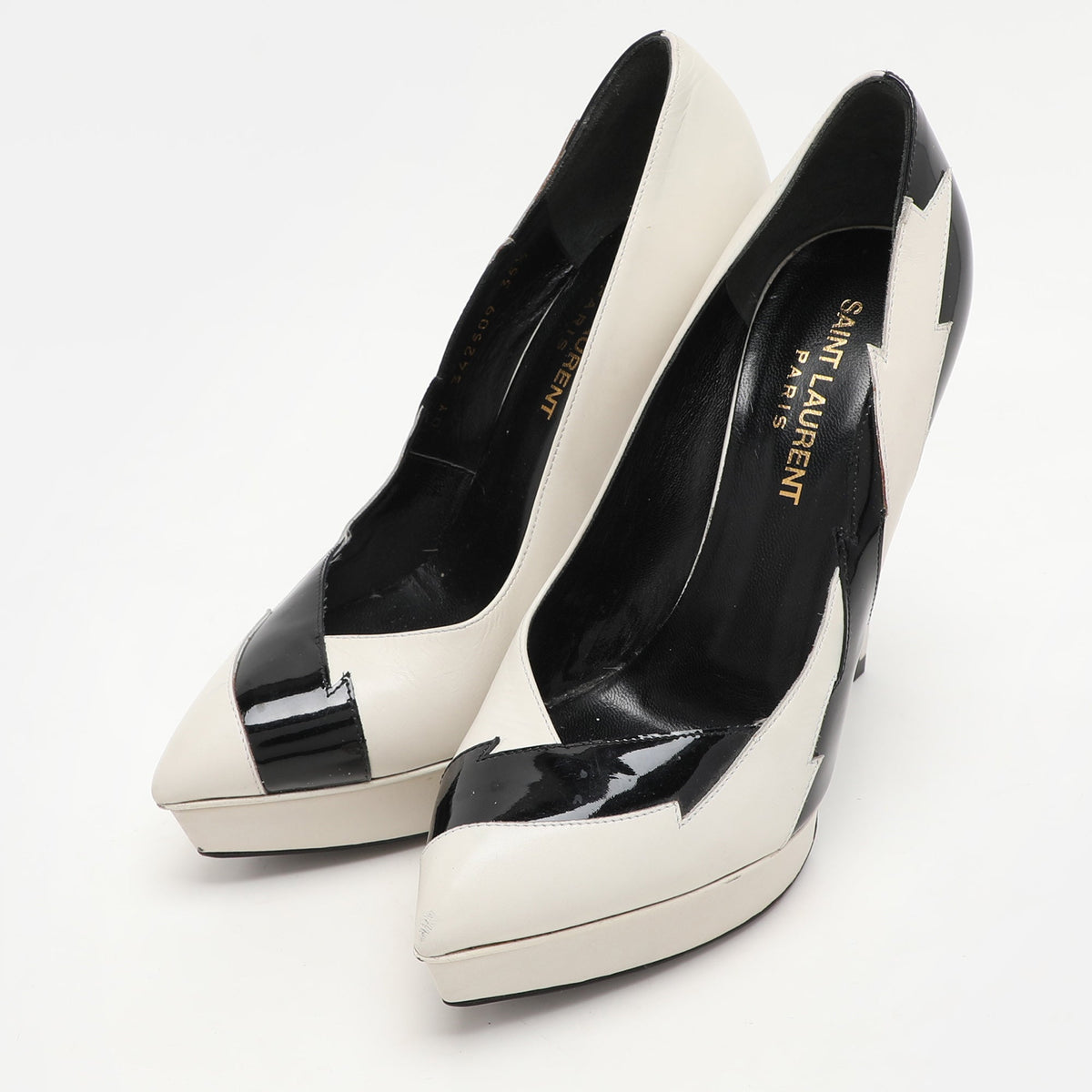 Saint Laurent Paris White/Black Leather and Patent Leather Janis Pumps Size 35.5