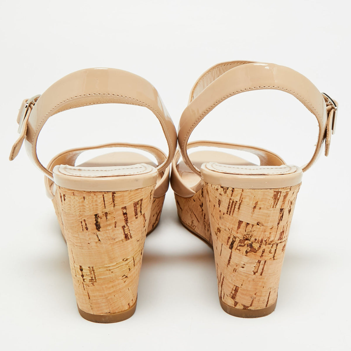 Prada Size 39 Beige Patent Leather Cork Wedge Sandals