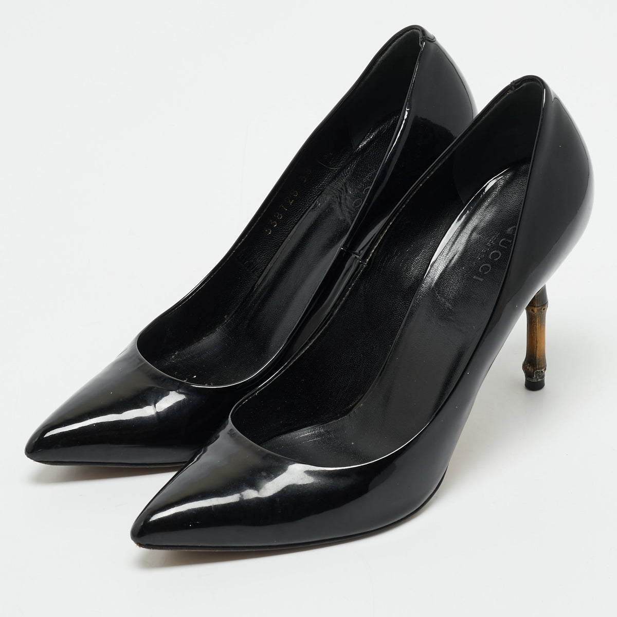 Gucci Black Patent Leather Kristen Bamboo Heel Pumps Size 38