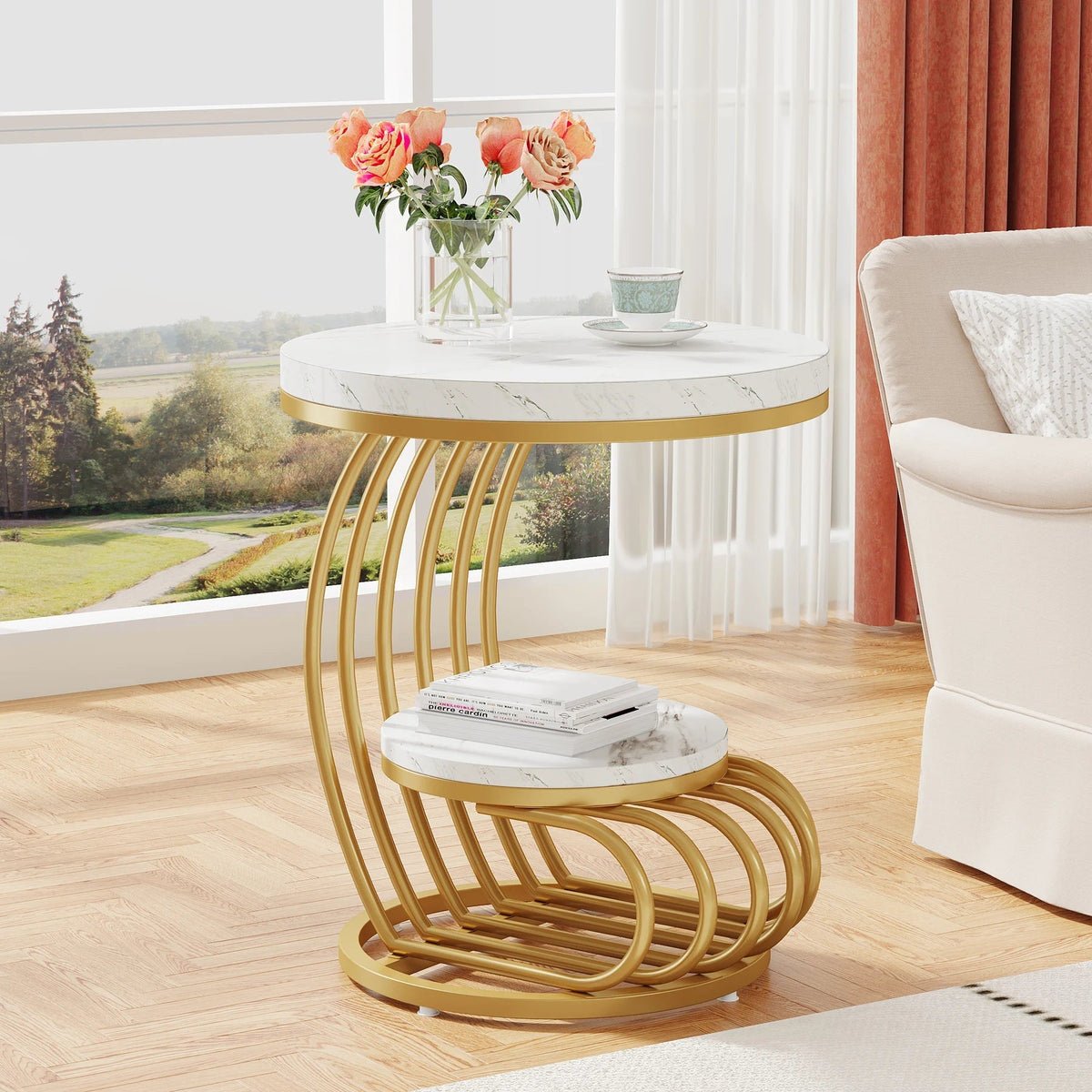 Gold Round End Table: Two-Tier Faux Marble Side Table with Storage Shelf, Modern White and Gold Bedside Nightstand