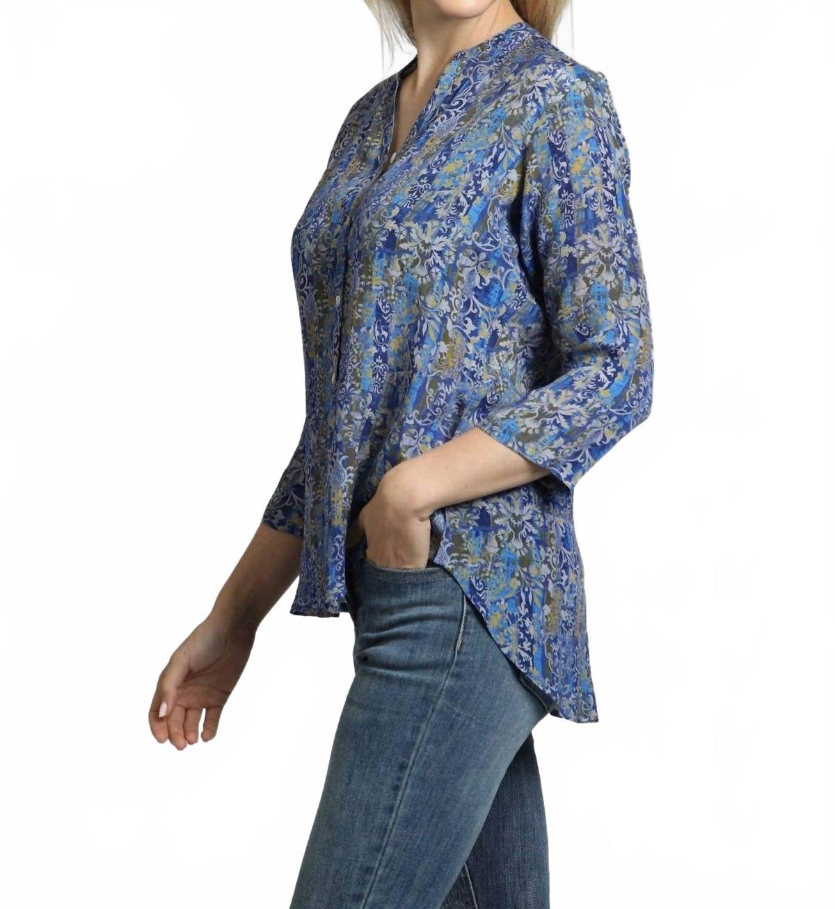 Mandarin Collar Button Up Shirt In Blue Paisley Multi
