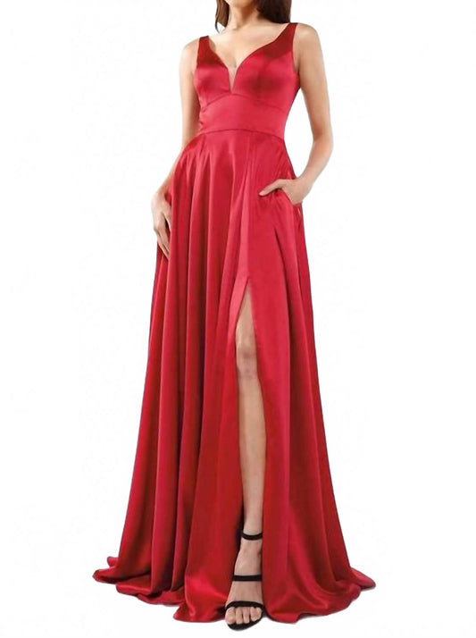 Long Satin Pockets Dress In Red