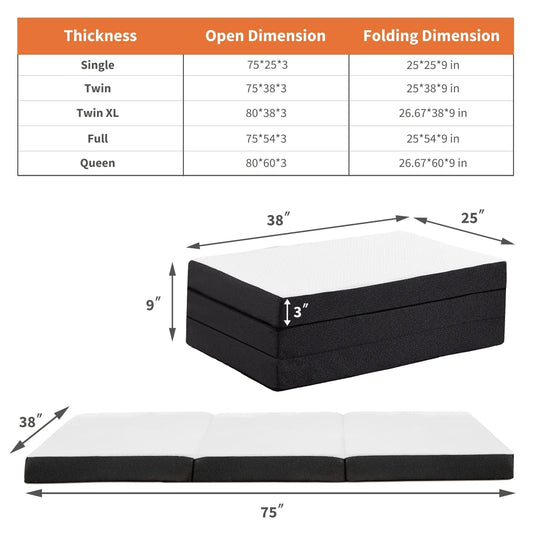 Certified Three-Fold Portable Floor Bed for Travel, Camping, and Yoga - Soft Touch with Flexible Zipper - 3 Inch, Twin