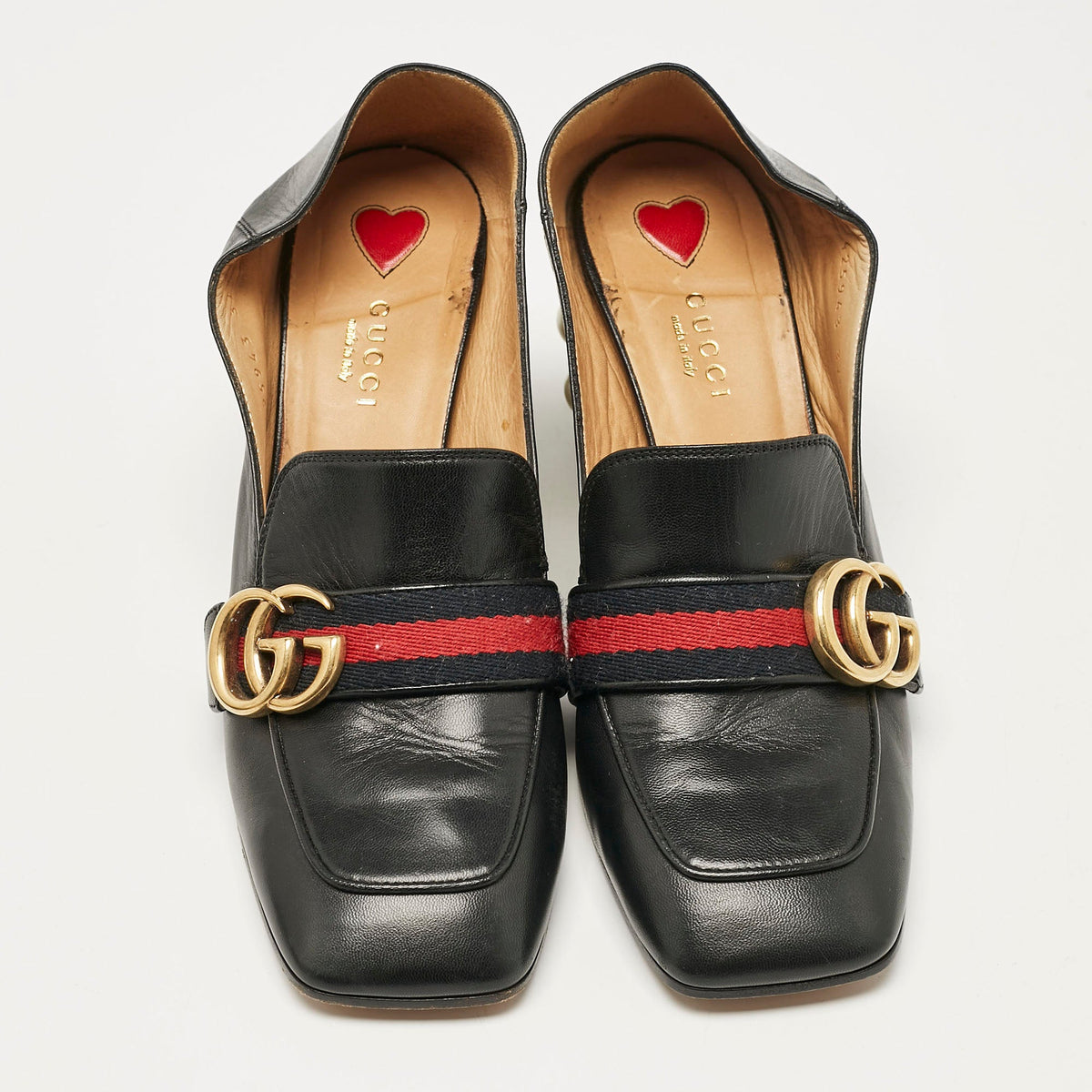 Gucci Black Leather GG Pearl Studded Loafer Pumps Size 37.5