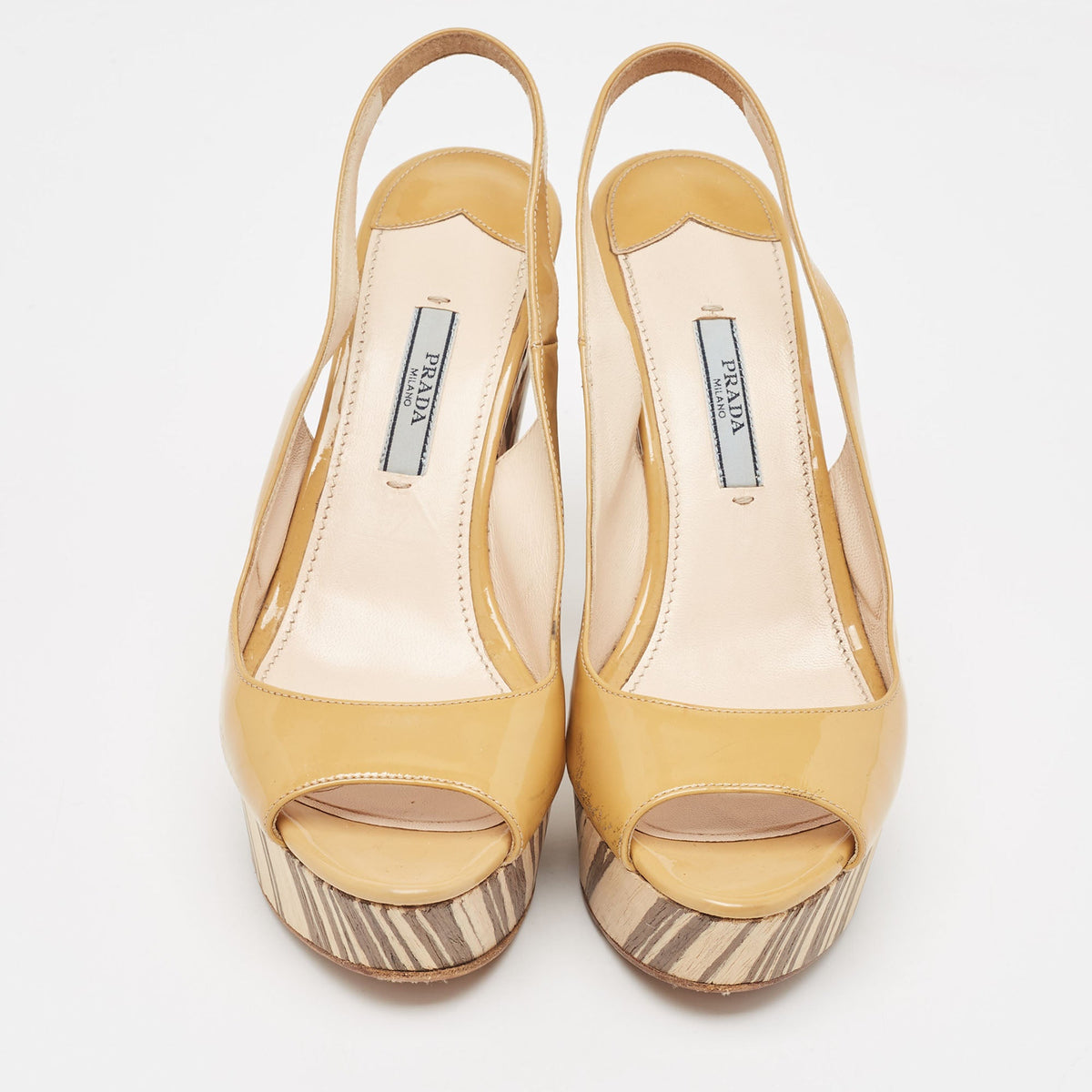 Prada Beige Patent Leather Open Toe Platform Slingback Sandals Size 37