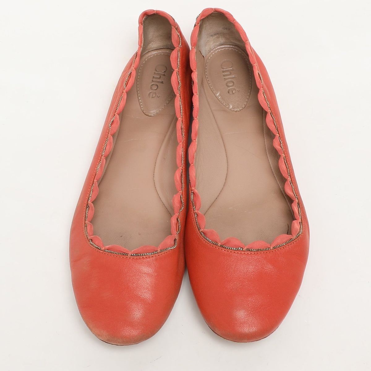 Chloe Orange Leather Laurena Scalloped Ballet Flats Size 37