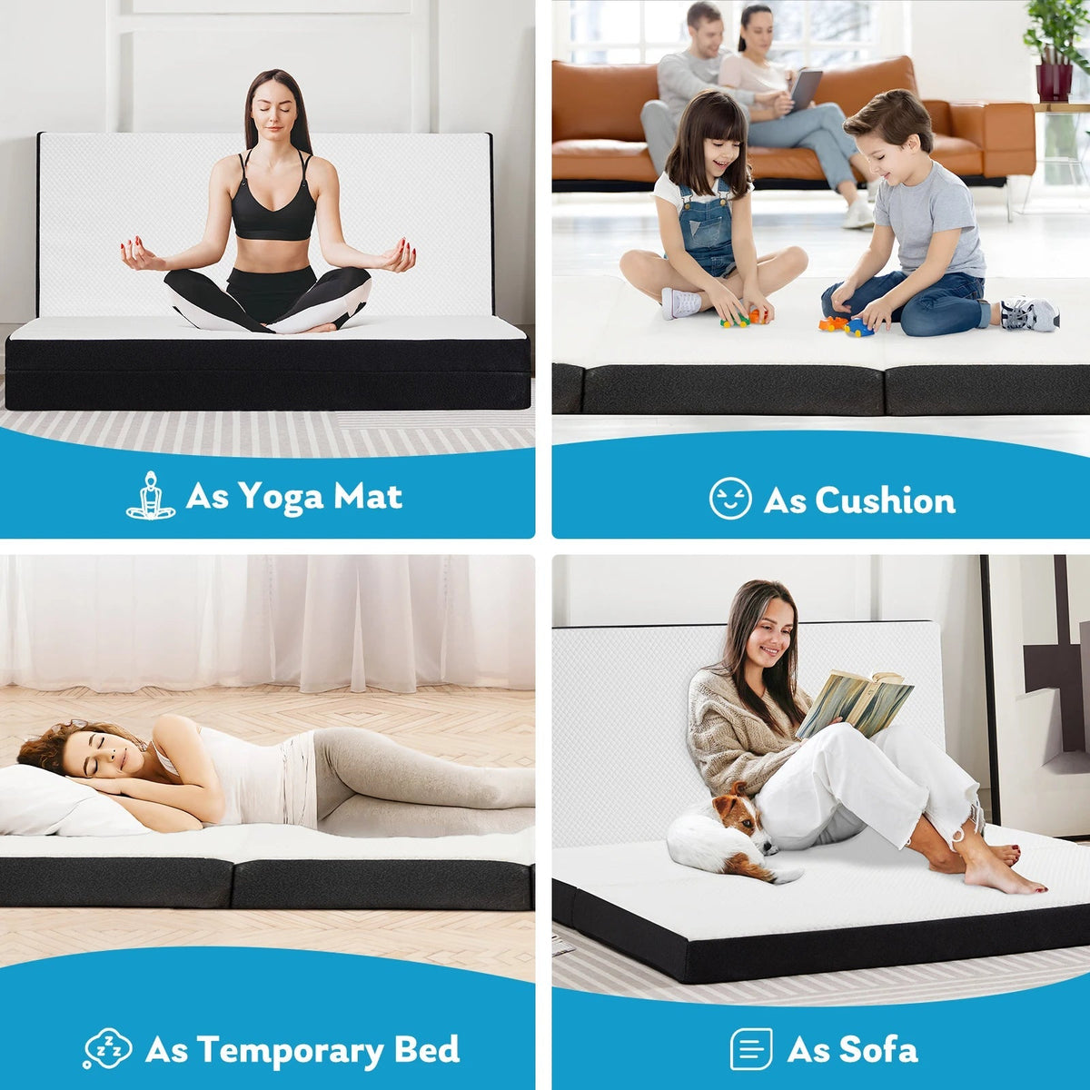 Certified Three-Fold Portable Floor Bed for Travel, Camping, and Yoga - Soft Touch with Flexible Zipper - 3 Inch, Twin