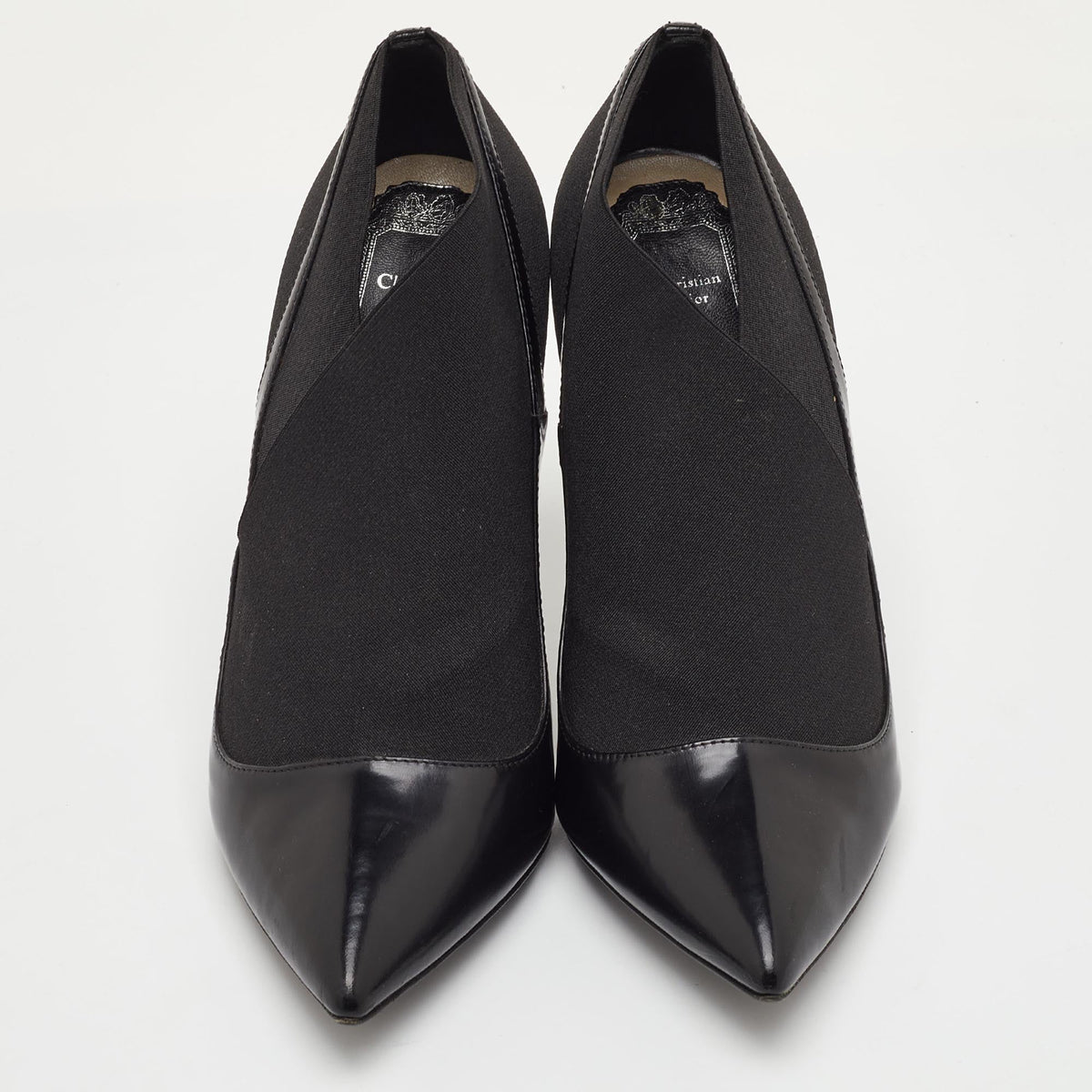 Dior Size 38.5 Black Leather and Stretch Fabric Pointed Toe Ankle Booties